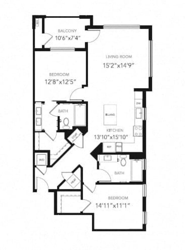 Rendering of the B2 floor plan with 2 bedroom[s] and 2 bathroom[s] at Blu Harbor by Windsor