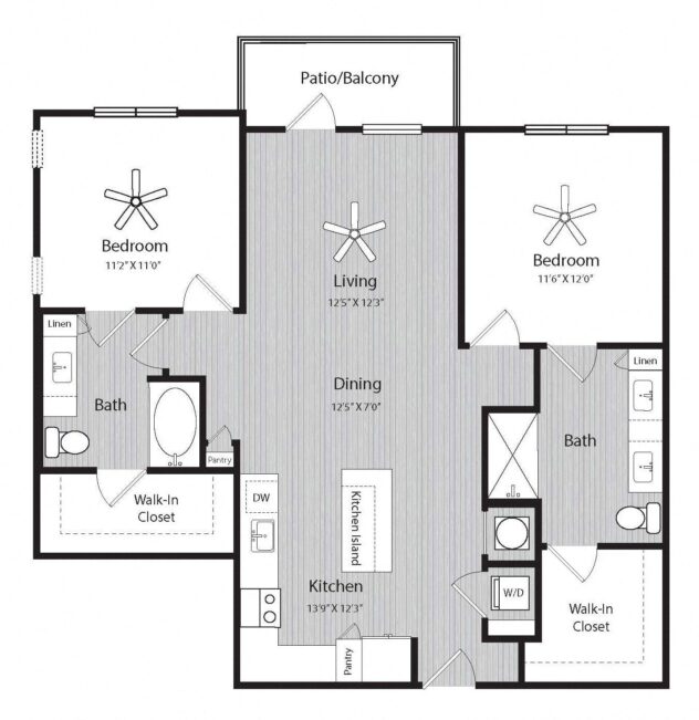 Rendering of the B2 floor plan with 2 bedroom[s] and 2 bathroom[s] at Windsor 335