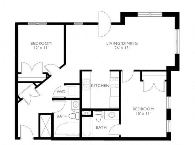 Rendering of the B2 floor plan with 2 bedroom[s] and 2 bathroom[s] at Windsor at Oak Grove