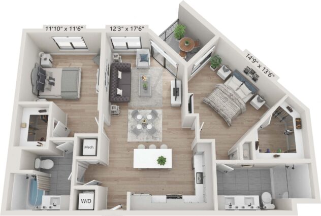 Rendering of the B2 floor plan with 2 bedroom[s] and 2 bathroom[s] at Céntrico by Windsor