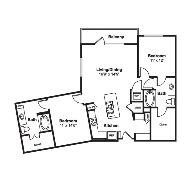 Rendering of the B2 floor plan with 2 bedroom[s] and 2 bathroom[s] at Windsor Fitzhugh