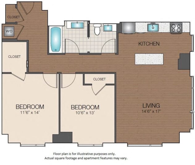 Rendering of the B2 floor plan with 2 bedroom[s] and 1 bathroom[s] at The Victor by Windsor