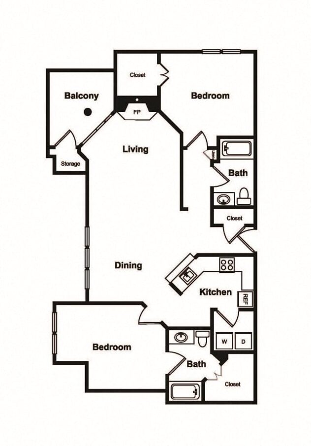 Rendering of the B2 floor plan with 2 bedroom[s] and 2 bathroom[s] at Windsor on White Rock Lake