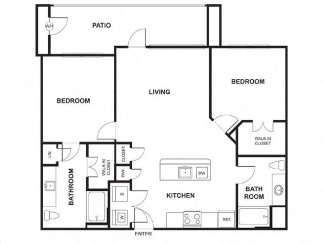 Rendering of the B2 floor plan with 2 bedroom[s] and 2 bathroom[s] at Windsor Ridge