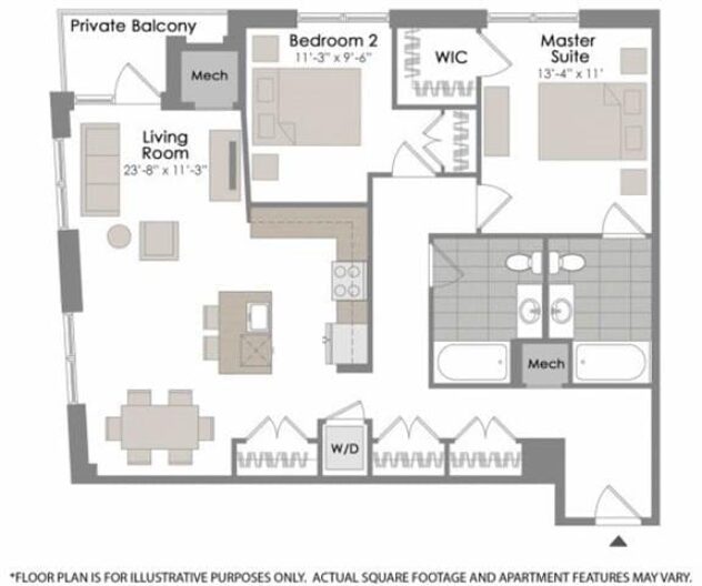 Rendering of the B2 floor plan with 2 bedroom[s] and 2 bathroom[s] at Twenty50 by Windsor