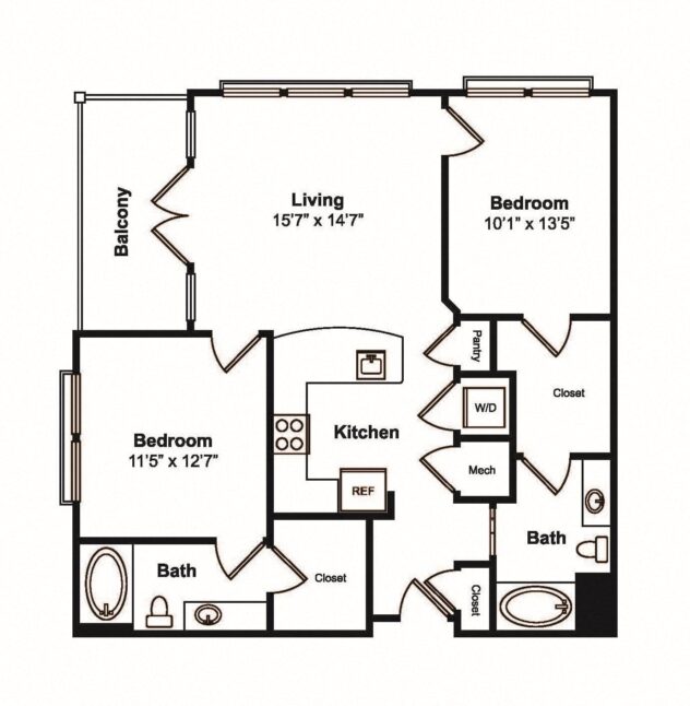 Rendering of the B2 floor plan with 2 bedroom[s] and 2 bathroom[s] at 565 Hank by Windsor