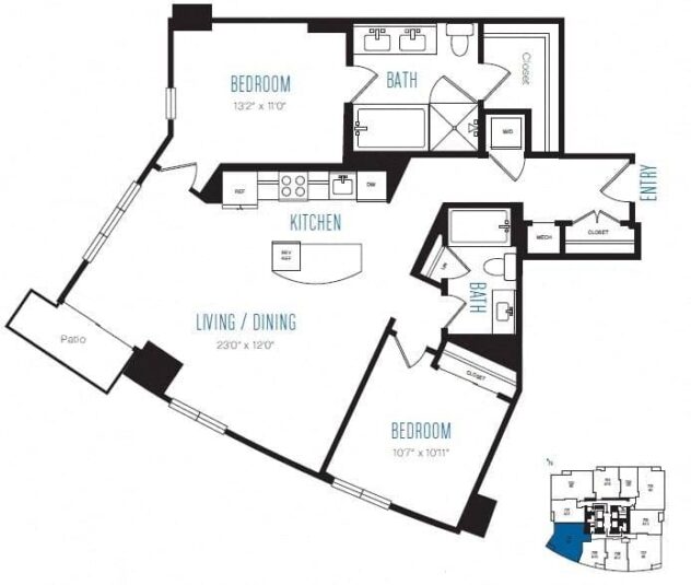 Rendering of the B2 floor plan with 2 bedroom[s] and 2 bathroom[s] at Stratus