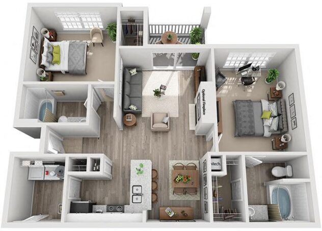 Rendering of the B2 floor plan with 2 bedroom[s] and 2 bathroom[s] at Windsor Addison Park