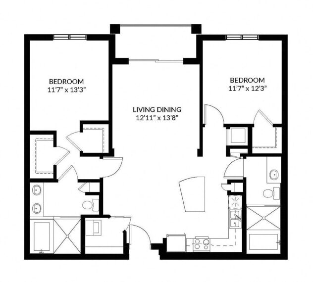 Rendering of the B2 floor plan with 2 bedroom[s] and 2 bathroom[s] at Windsor at Delray Beach