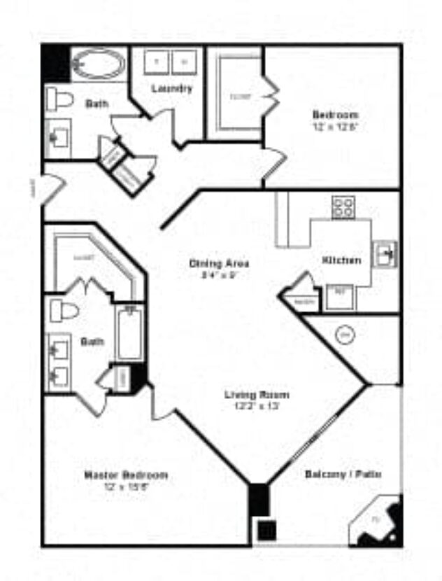 Rendering of the B2 floor plan with 2 bedroom[s] and 2 bathroom[s] at Windsor at Main Place