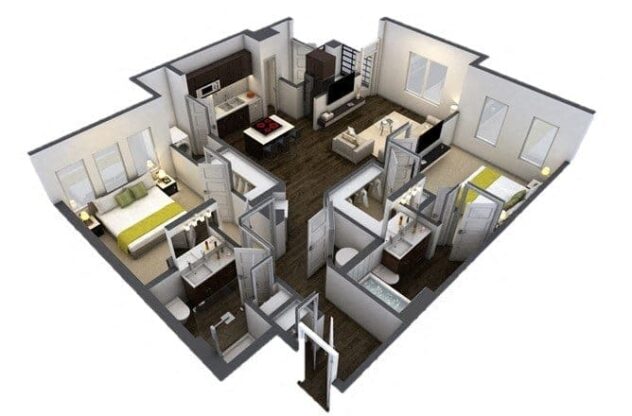 Rendering of the B2 floor plan with 2 bedroom[s] and 2 bathroom[s] at Windsor at Pinehurst