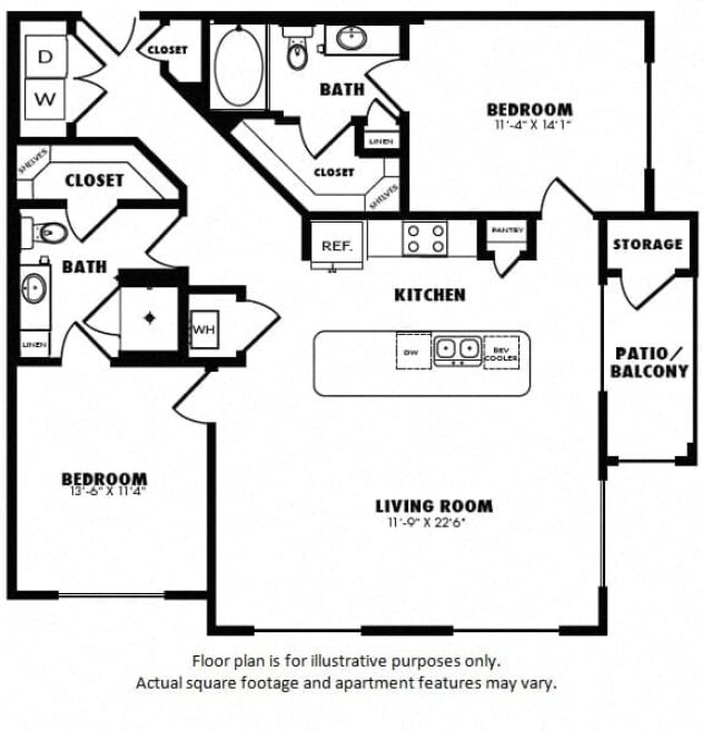 Rendering of the B2 floor plan with 2 bedroom[s] and 2 bathroom[s] at Windsor Burnet