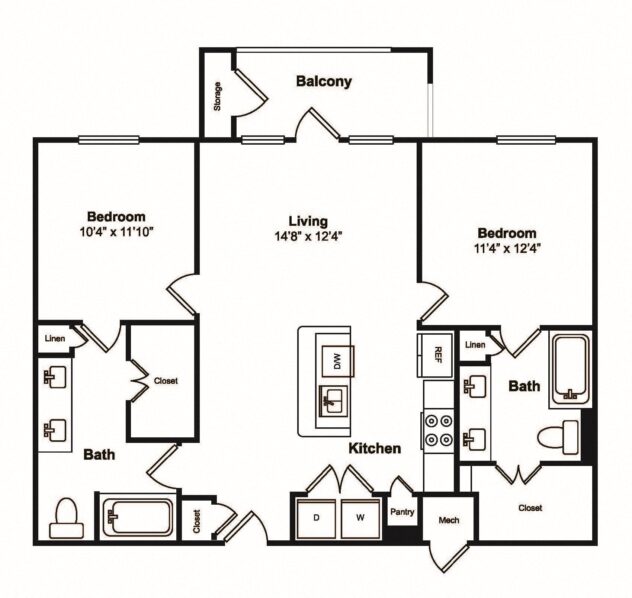 Rendering of the B2 floor plan with 2 bedroom[s] and 2 bathroom[s] at Windsor Castle Hills