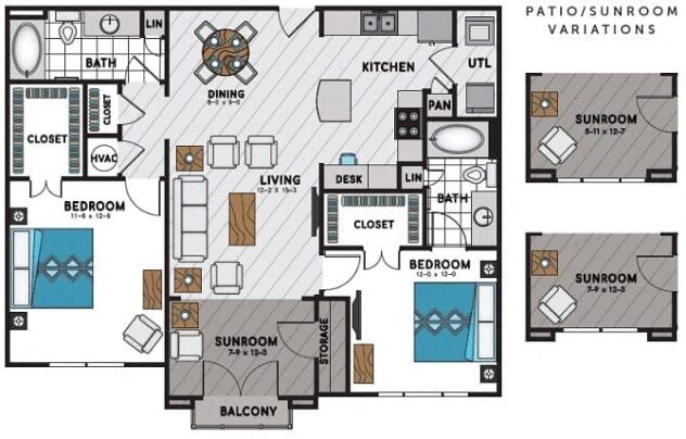 Rendering of the B2 floor plan with 2 bedroom[s] and 2 bathroom[s] at Windsor Chastain