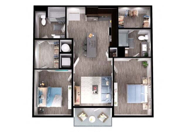 Rendering of the B2 floor plan with 2 bedroom[s] and 2 bathroom[s] at Windsor Interlock