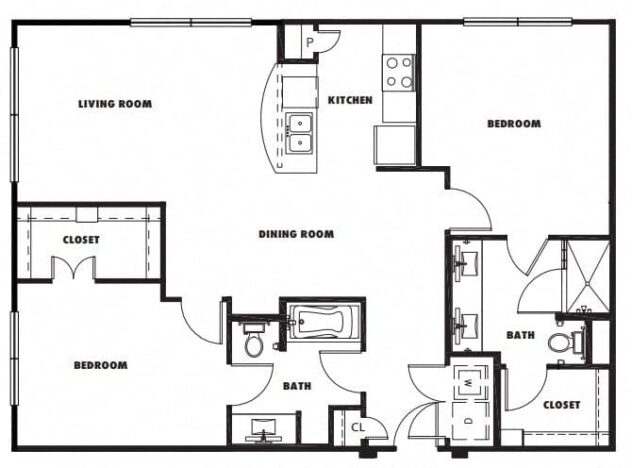 Rendering of the B2 floor plan with 2 bedroom[s] and 2 bathroom[s] at Windsor Metro West