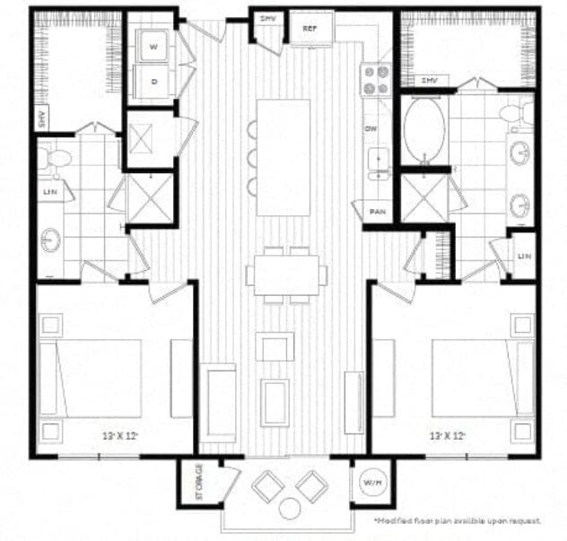 Rendering of the B2 floor plan with 2 bedroom[s] and 2 bathroom[s] at Windsor Oak Hill