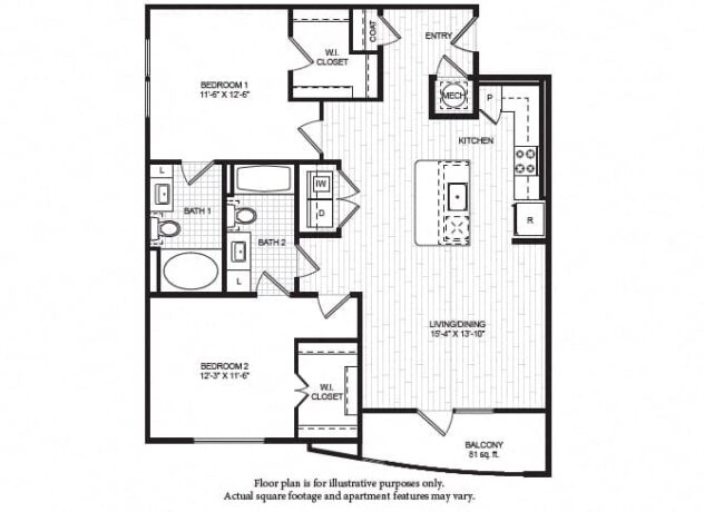 Rendering of the B2 floor plan with 2 bedroom[s] and 2 bathroom[s] at Windsor Old Fourth Ward