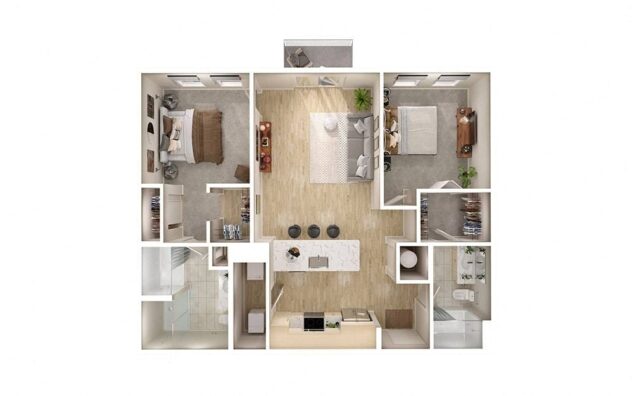 Rendering of the B2 floor plan with 2 bedroom[s] and 2 bathroom[s] at Windsor South Congress