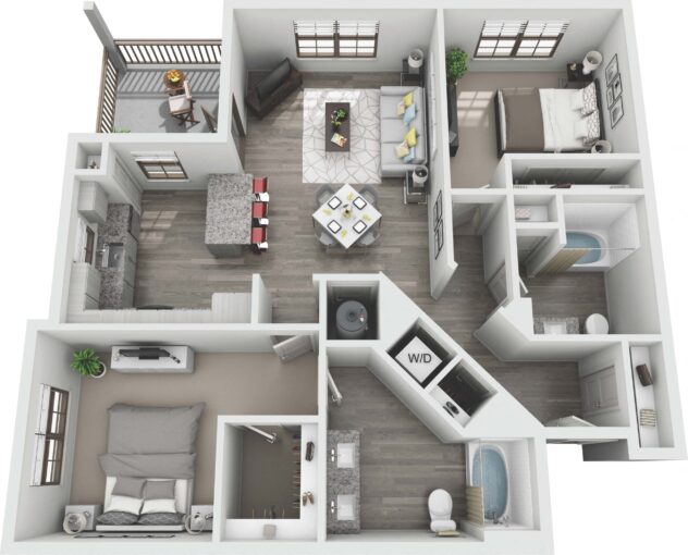 Rendering of the B2 floor plan with 2 bedroom[s] and 2 bathroom[s] at Windsor Sugarloaf