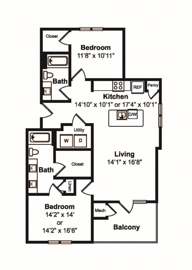 Rendering of the B2 floor plan with 2 bedroom[s] and 2 bathroom[s] at Yaupon by Windsor