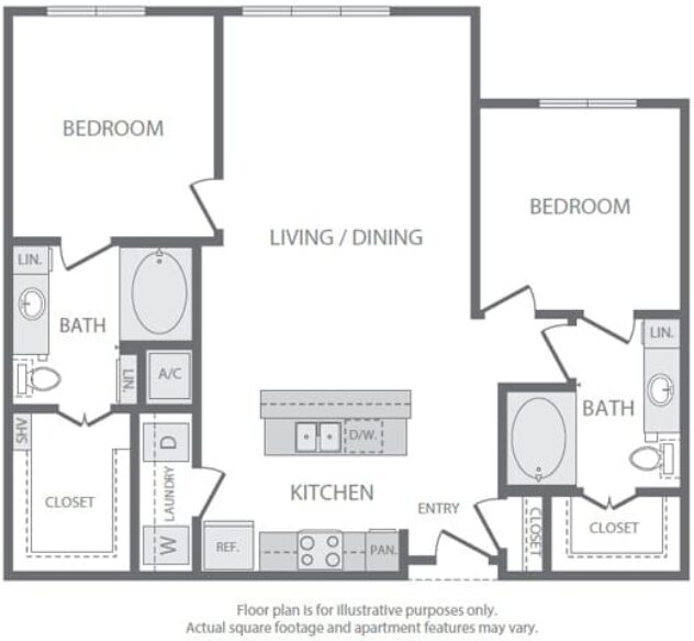 Rendering of the B2 floor plan with 2 bedroom[s] and 2 bathroom[s] at Windsor South Lamar