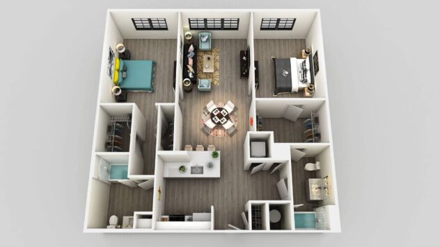 Rendering of the B2 floor plan with 2 bedroom[s] and 2 bathroom[s] at Edison on the Charles by Windsor