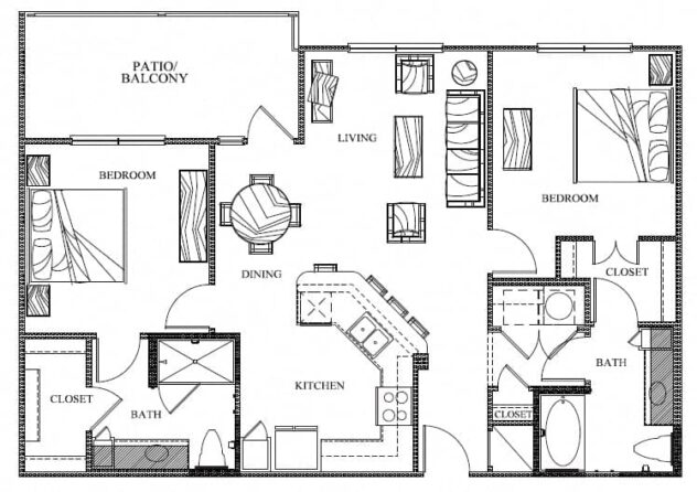 Rendering of the B2 floor plan with 2 bedroom[s] and 2 bathroom[s] at Eleven by Windsor