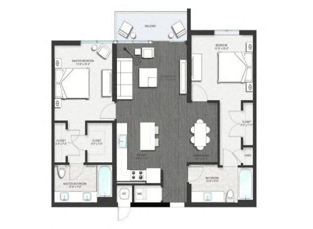 Rendering of the B2 floor plan with 2 bedroom[s] and 2 bathroom[s] at Allure by Windsor