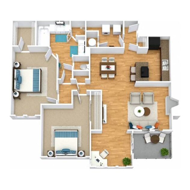 Rendering of the B2 floor plan with 2 bedroom[s] and 1 bathroom[s] at Windsor Peachtree Corners