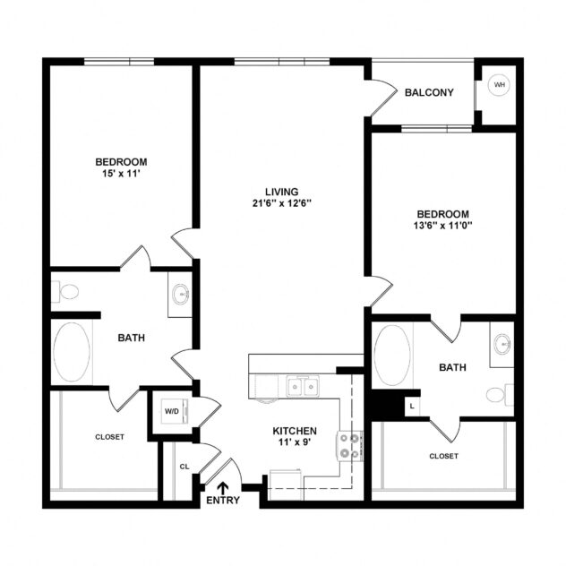 Rendering of the B2 floor plan with 2 bedroom[s] and 2 bathroom[s] at Sunset + Vine