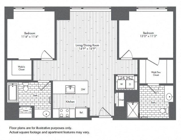 Rendering of the B2 floor plan with 2 bedroom[s] and 2 bathroom[s] at Waterside Place by Windsor