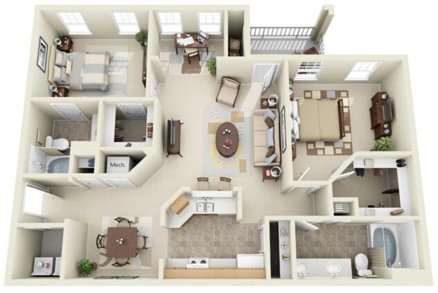 Rendering of the B2 floor plan with 2 bedroom[s] and 2 bathroom[s] at Windsor Johns Creek