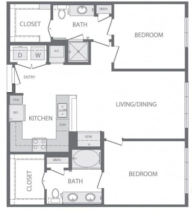 Rendering of the B2 2Bed 2Bath floor plan with 2 bedroom[s] and 2 bathroom[s] at Windsor at West University