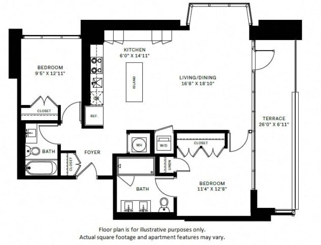 Rendering of the B2 floor plan with 2 bedroom[s] and 2 bathroom[s] at Windsor Bethesda