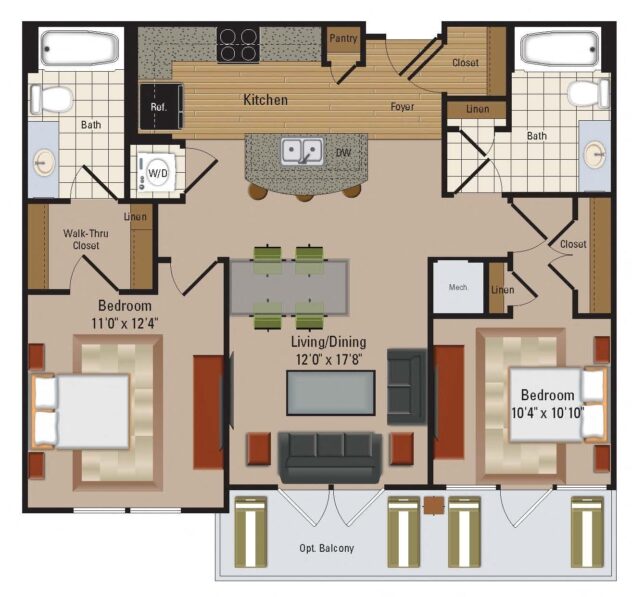 Rendering of the B2 floor plan with 2 bedroom[s] and 2 bathroom[s] at Windsor Leesburg