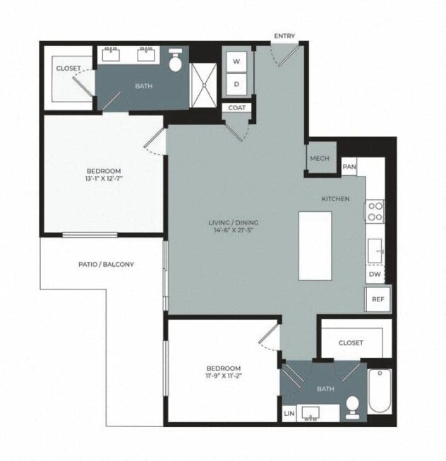 Rendering of the B2 floor plan with 2 bedroom[s] and 2 bathroom[s] at Windsor West Plano