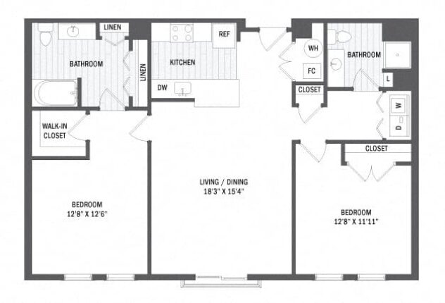 Rendering of the B2 - Classic floor plan with 2 bedroom[s] and 2 bathroom[s] at Windsor Radio Factory