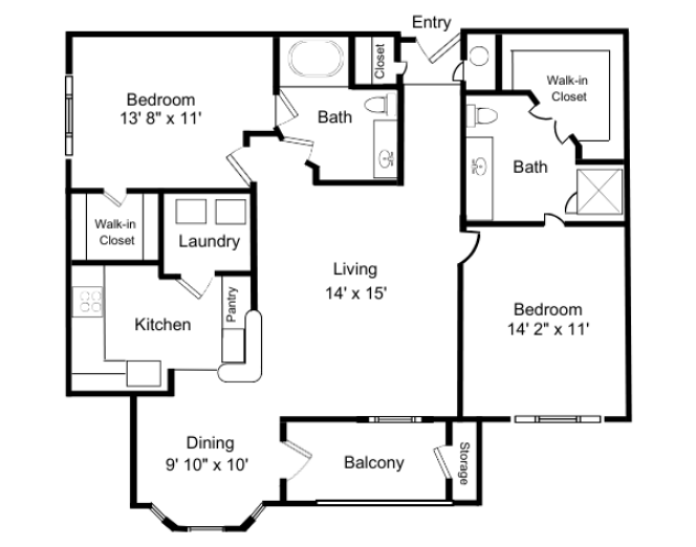 Rendering of the B2 - Grand Central floor plan with 2 bedroom[s] and 2 bathroom[s] at Windsor Vinings