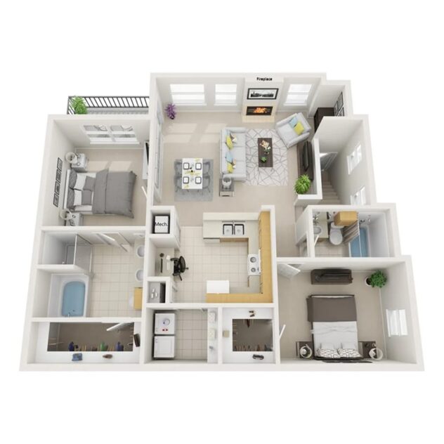 Rendering of the B2 Picasso - Attached Garage floor plan with 2 bedroom[s] and 2 bathroom[s] at Windsor Highwoods Preserve