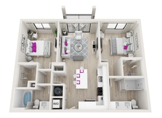 Rendering of the B2 - Sparkle floor plan with 2 bedroom[s] and 2 bathroom[s] at Windsor Ludlam Trail