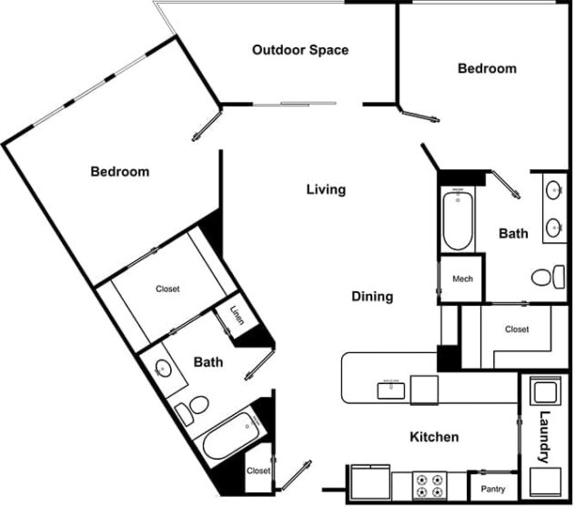 Rendering of the B2 - The Melody floor plan with 2 bedroom[s] and 2 bathroom[s] at Windsor Encore