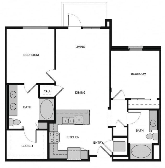 Rendering of the B2 Two Bed  2 Bath floor plan with 2 bedroom[s] and 2 bathroom[s] at South Park by Windsor