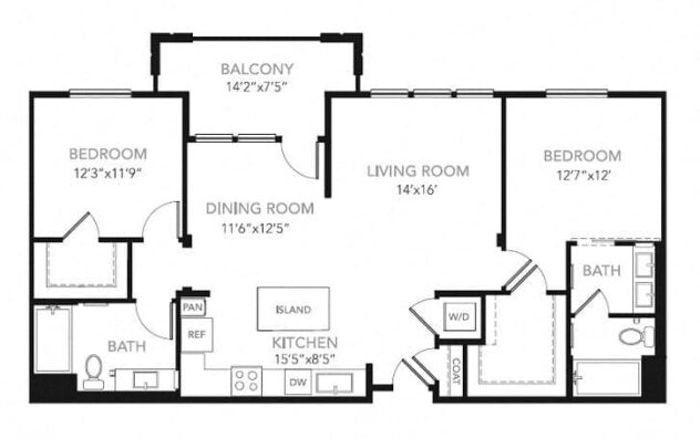 Rendering of the B2-W floor plan with 2 bedroom[s] and 2 bathroom[s] at Blu Harbor by Windsor