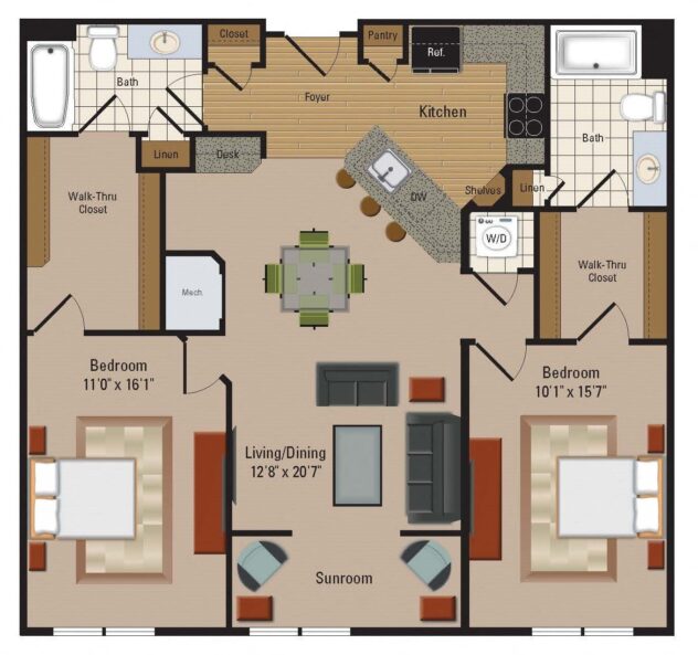 Rendering of the B23 floor plan with 2 bedroom[s] and 2 bathroom[s] at Windsor Leesburg