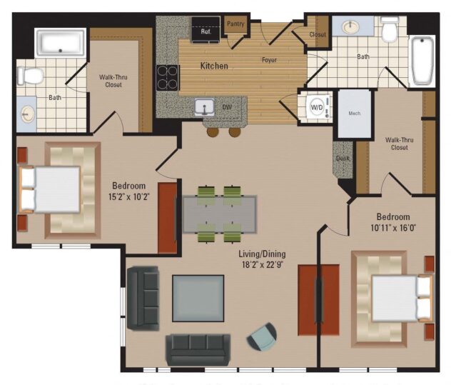 Rendering of the B24 floor plan with 2 bedroom[s] and 2 bathroom[s] at Windsor Leesburg