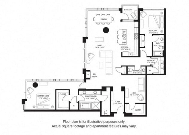 Rendering of the B25 North floor plan with 2 bedroom[s] and 2.5 bathroom[s] at The Bravern