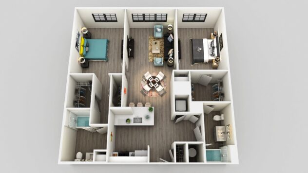 Rendering of the B2a floor plan with 2 bedroom[s] and 2 bathroom[s] at Edison on the Charles by Windsor