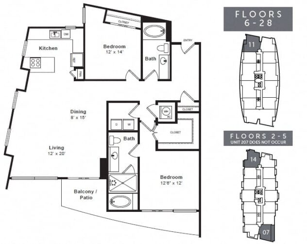 Rendering of the B2F floor plan with 2 bedroom[s] and 2 bathroom[s] at The Monarch by Windsor