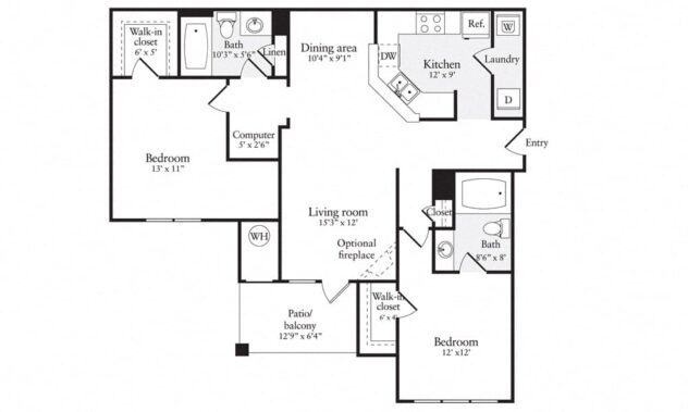 Rendering of the B2R floor plan with 2 bedroom[s] and 2 bathroom[s] at Windsor Herndon